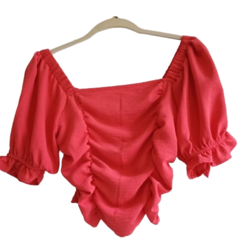 Altar'd State Size S‎ Coral Pink Off Shoulder Peasant Top Puff Sleeves Guatemala